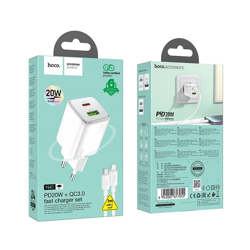 Įkroviklis Hoco N41 USB-A/USB-C PD20W+QC3.0 + USB-C to Lightning cable 1.0m baltas