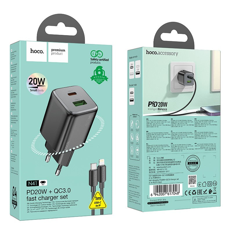 Įkroviklis Hoco N41 USB-A/USB-C PD20W+QC3.0 + USB-C to Lightning cable 1.0m juodas