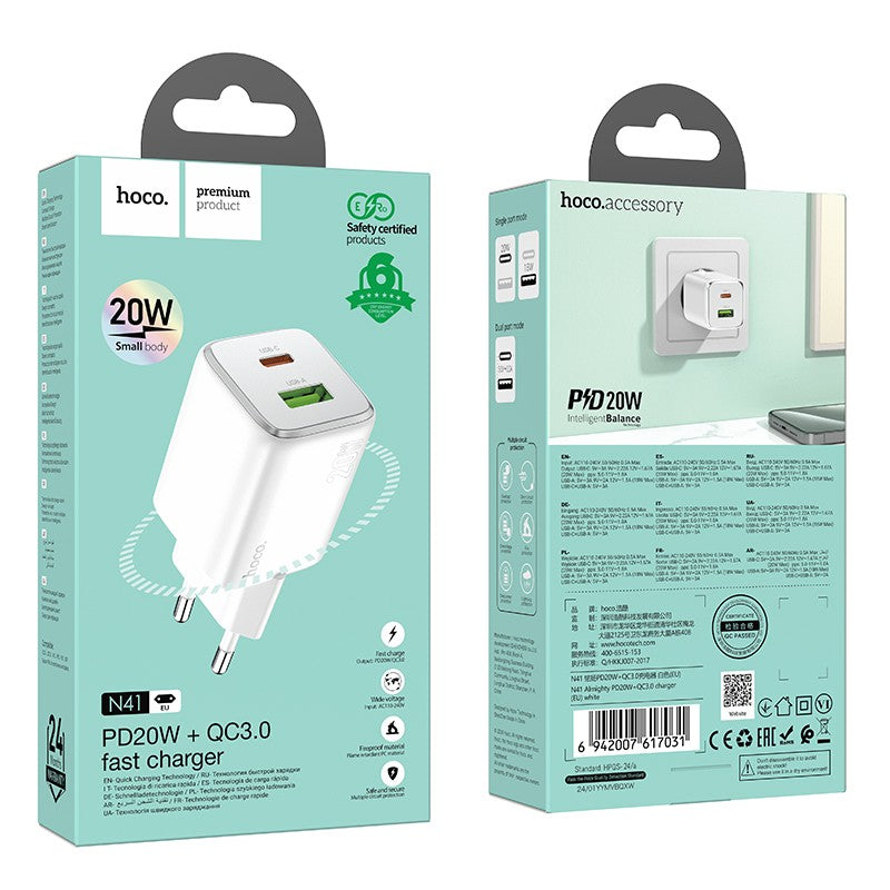 Įkroviklis Hoco N41 USB-A/USB-C PD20W+QC3.0 baltas