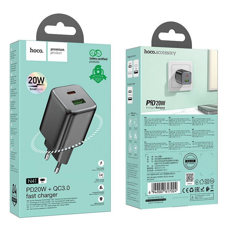 Įkroviklis Hoco N41 USB-A/USB-C PD20W+QC3.0 juodas