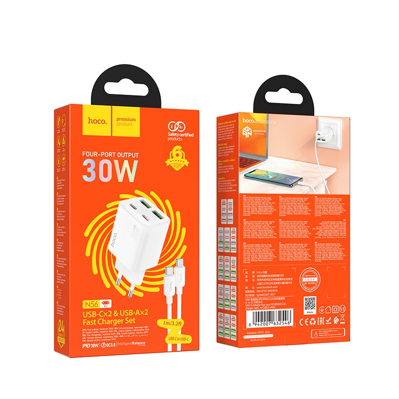 Įkroviklis Hoco N56 2xUSB-C/2xUSB-A PD30W + USB-C to USB-C cable 1.0m baltas