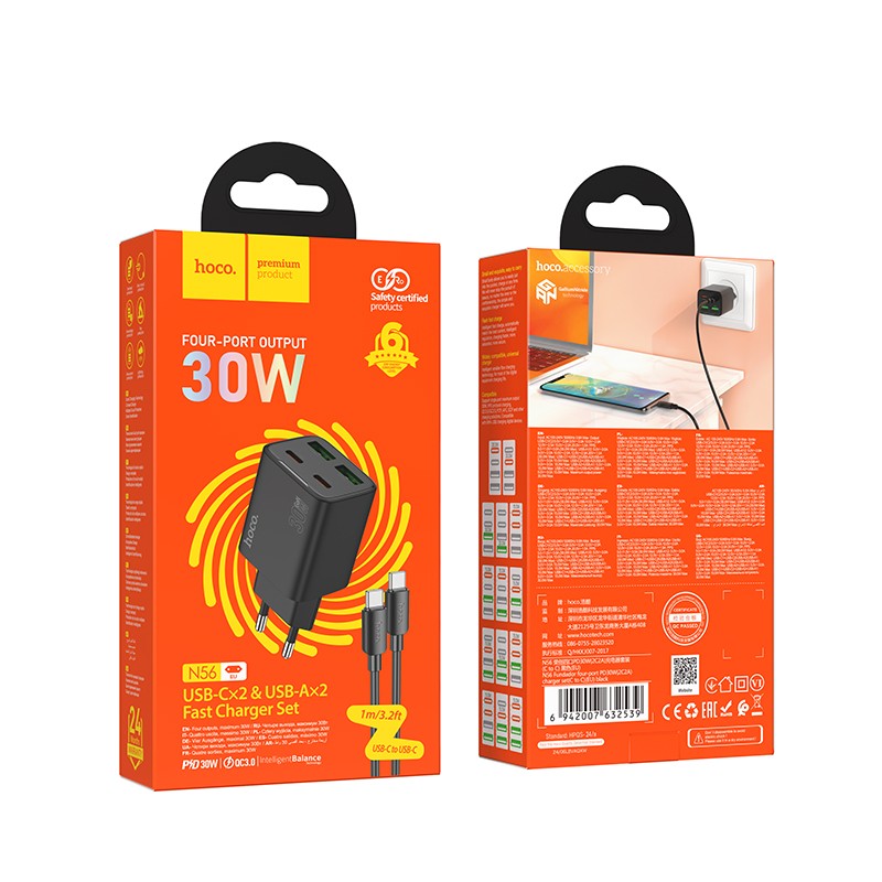 Įkroviklis Hoco N56 2xUSB-C/2xUSB-A PD30W + USB-C to USB-C cable 1.0m juodas