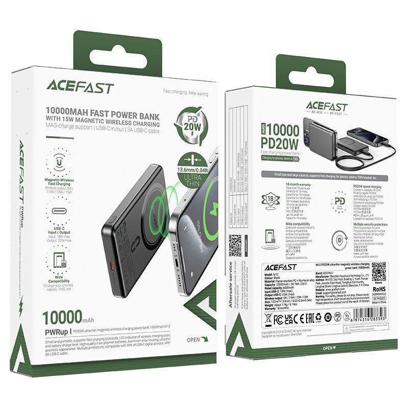 Išorinė baterija Power Bank Acefast M12-10000 PD20W Magnetic Wireless 10000mAh juoda