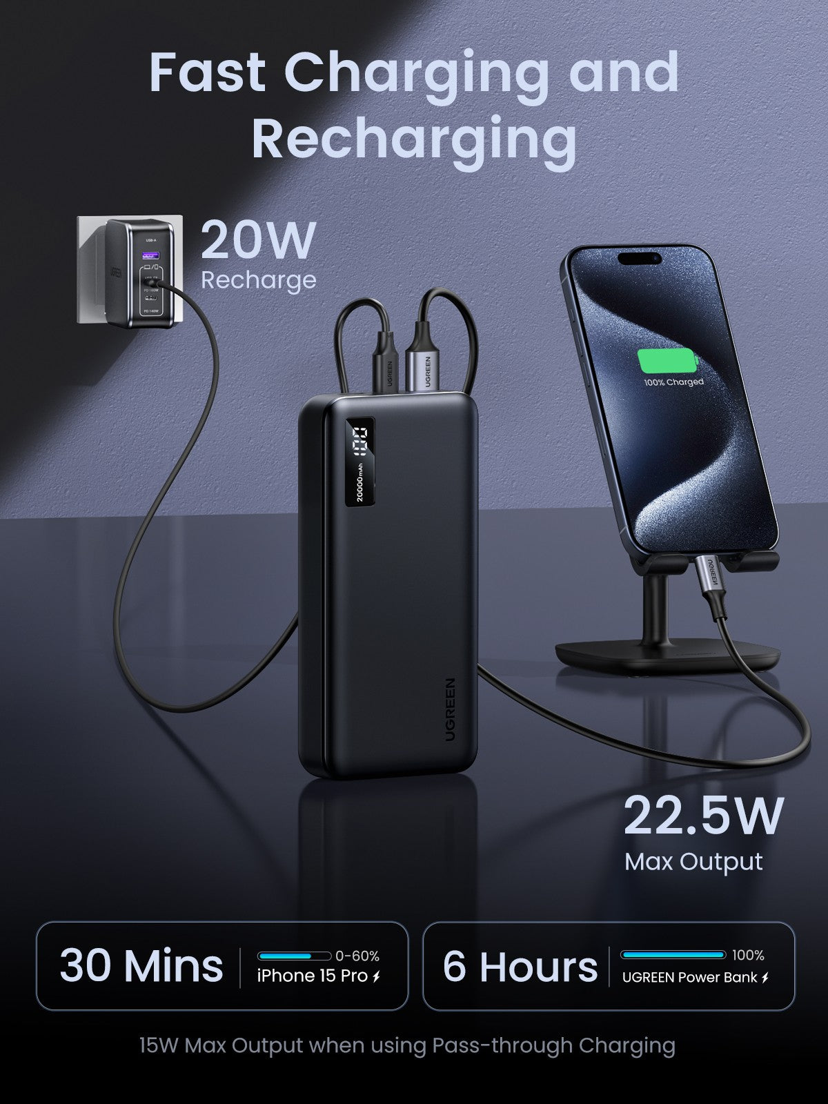 Išorinė baterija Power Bank Ugreen PB313 20W 20000mAh (25683) juoda