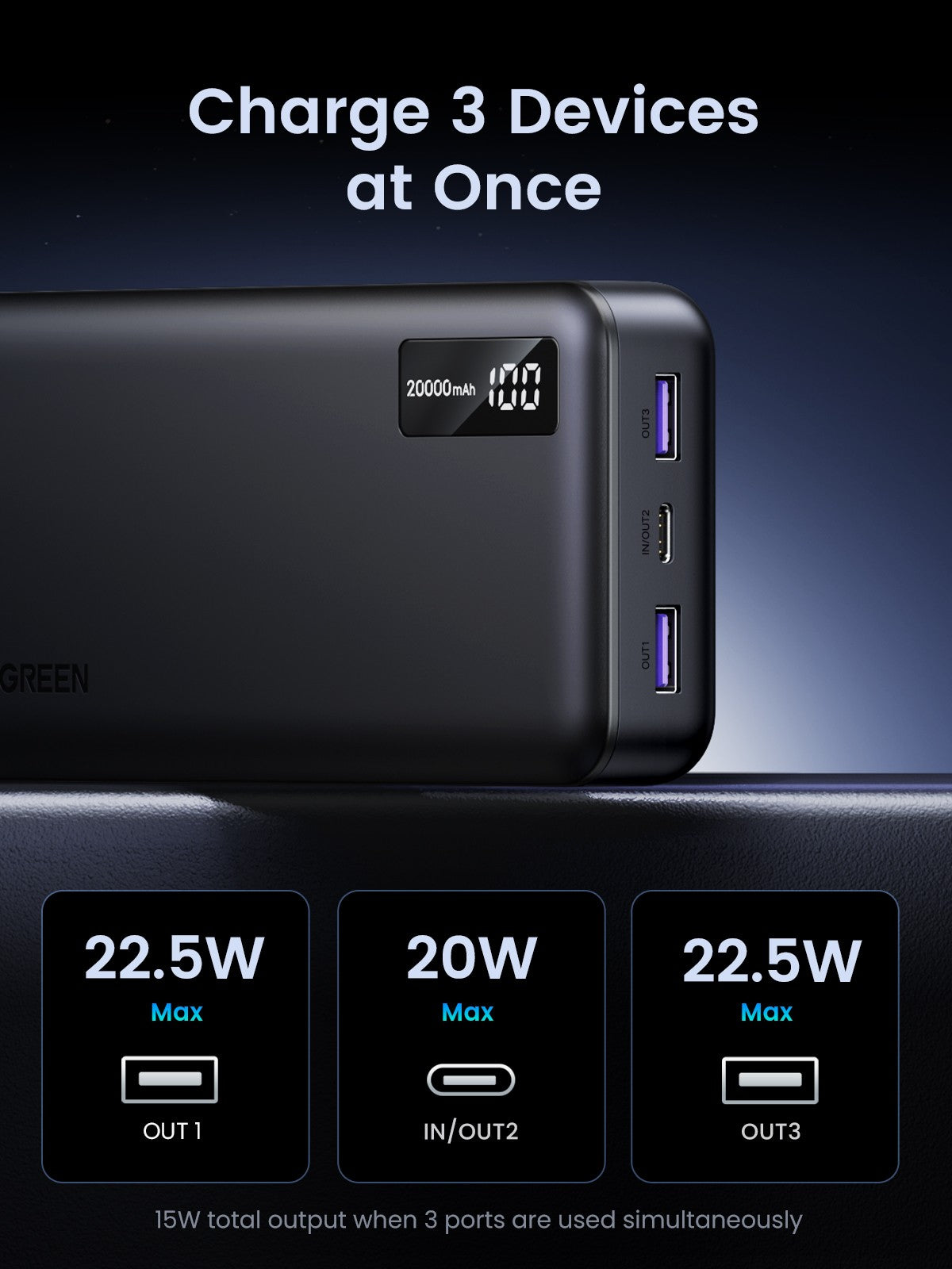 Išorinė baterija Power Bank Ugreen PB313 20W 20000mAh (25683) juoda