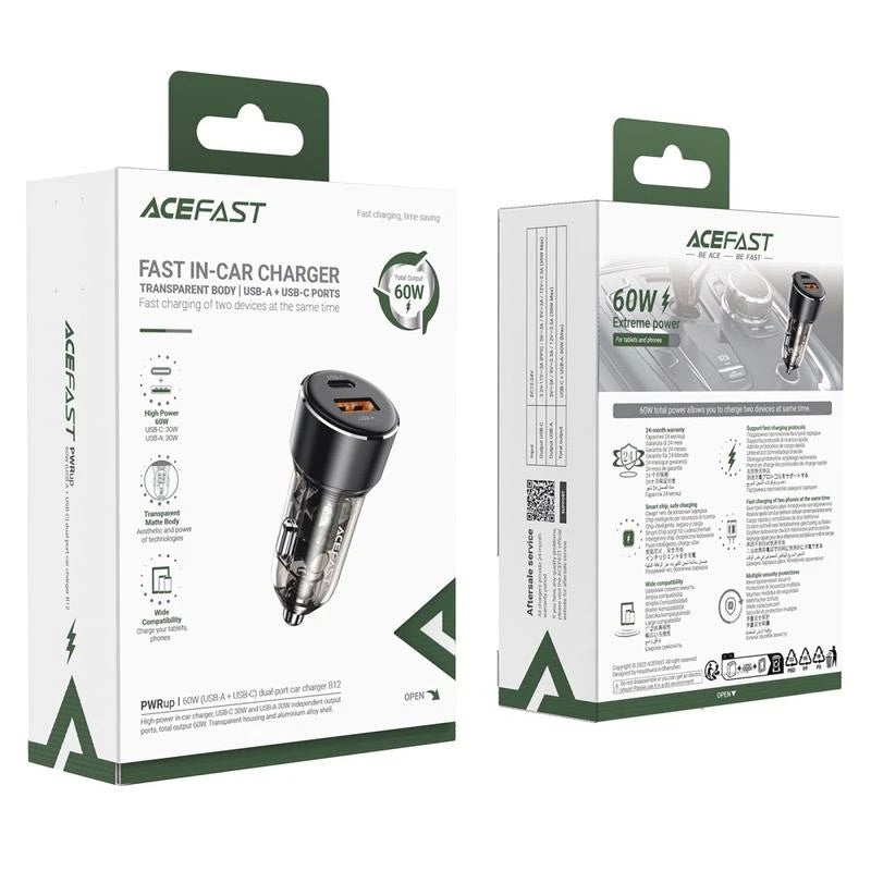 Automobilinis įkroviklis Acefast B12 60W USB-C/USB-A juodas