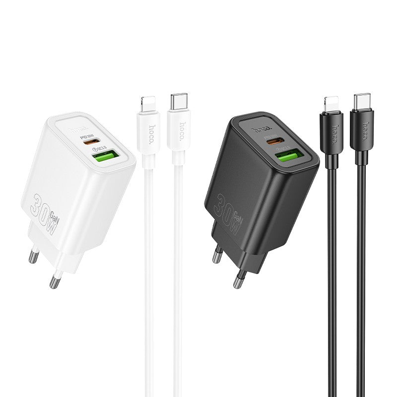 Įkroviklis Hoco N63 30W GaN USB-C/USB-A + USB-C to Lightning cable 1.0m baltas