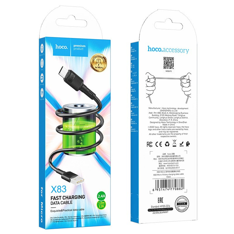 USB kabelis Hoco X83 USB-A to MicroUSB 1.0m juodas