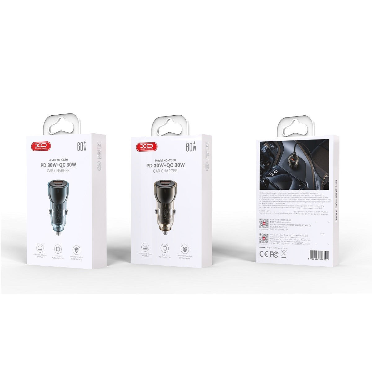 Automobilinis įkroviklis XO CC60 USB-A/USB-C 60W juodas