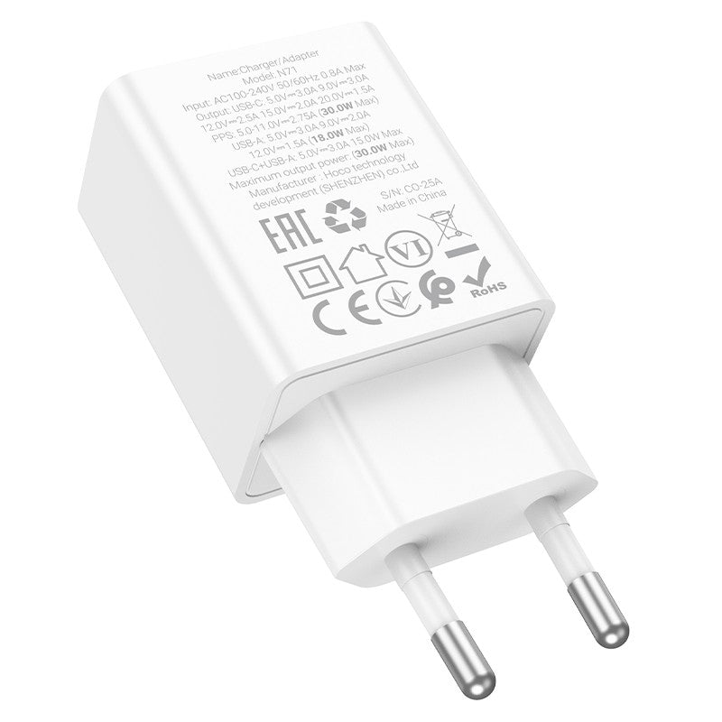 Įkroviklis Hoco N71 30W GaN USB-C/USB-A baltas