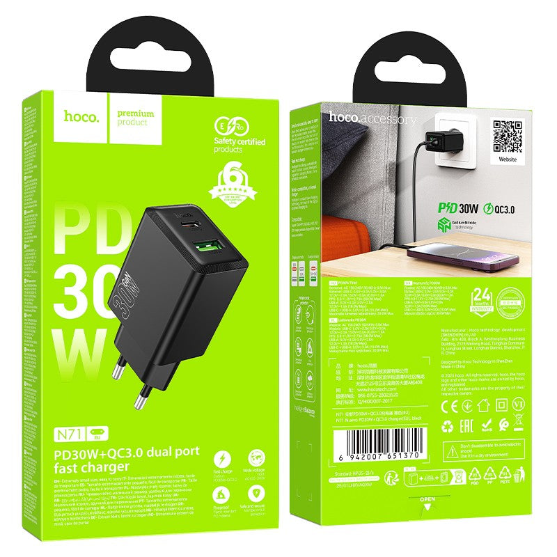 Įkroviklis Hoco N71 30W GaN USB-C/USB-A juodas