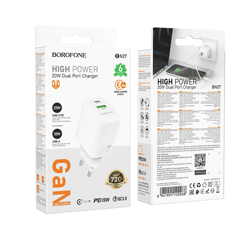 Įkroviklis Borofone BN27 20W USB-C/USB-A baltas