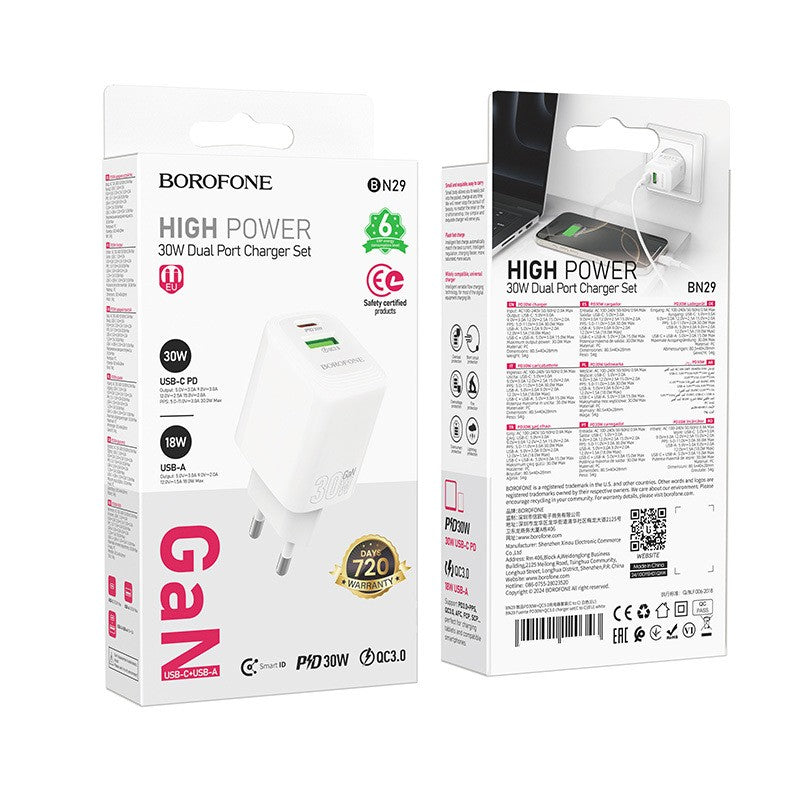 Įkroviklis Borofone BN29 30W USB-C/USB-A baltas