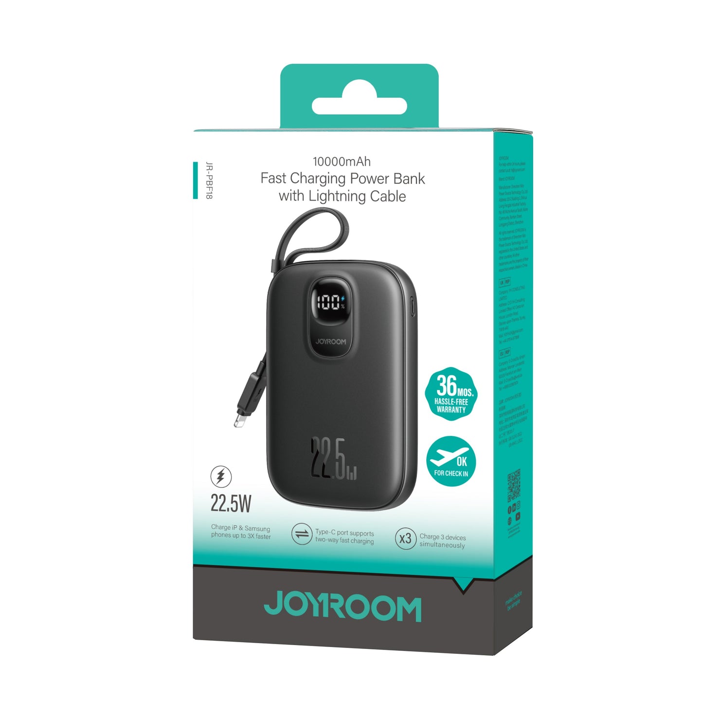 Išorinė baterija Power Bank Joyroom JR-PBF18 22.5W with Lightning cable 10000mAh juoda