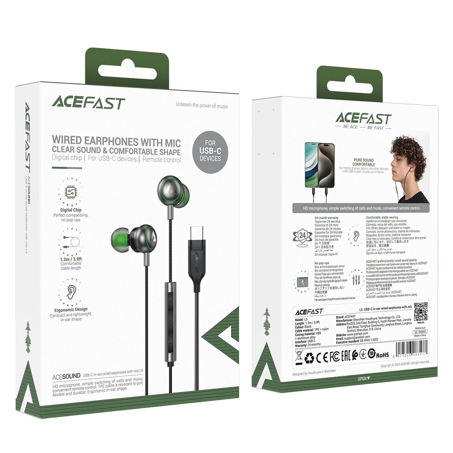 Ausinės Acefast L5 USB-C juodos