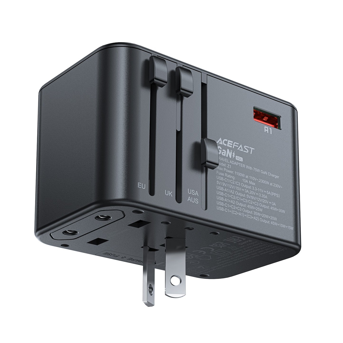 Universalus kelioninis įkroviklis Acefast Z1 75W GaN 2xUSB-A/3xUSB-C juodas