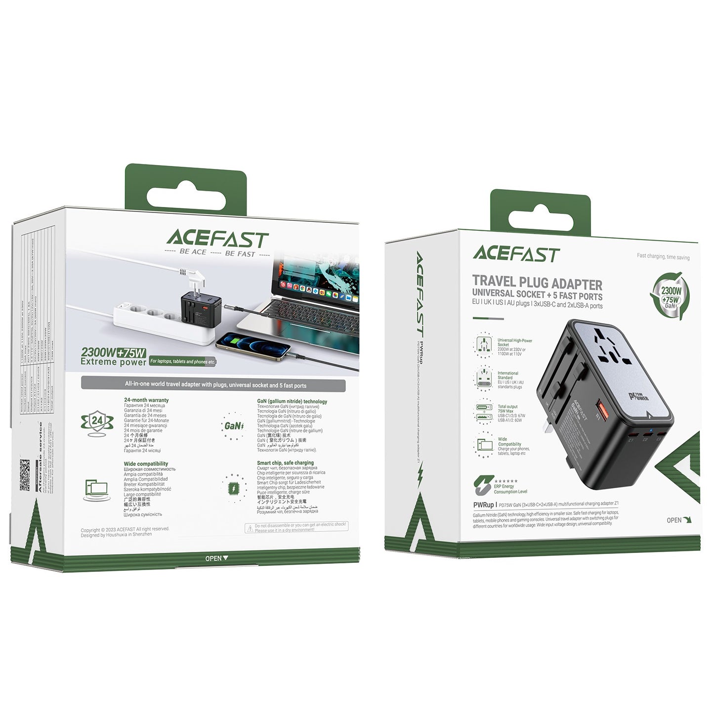 Universalus kelioninis įkroviklis Acefast Z1 75W GaN 2xUSB-A/3xUSB-C juodas