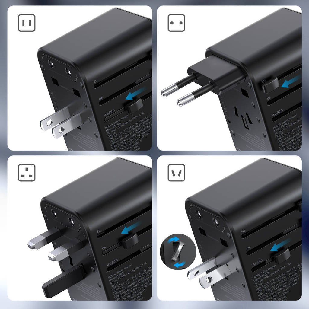 Universalus kelioninis įkroviklis Choetech PD5009 65W 2xUSB-C/USB-A juodas
