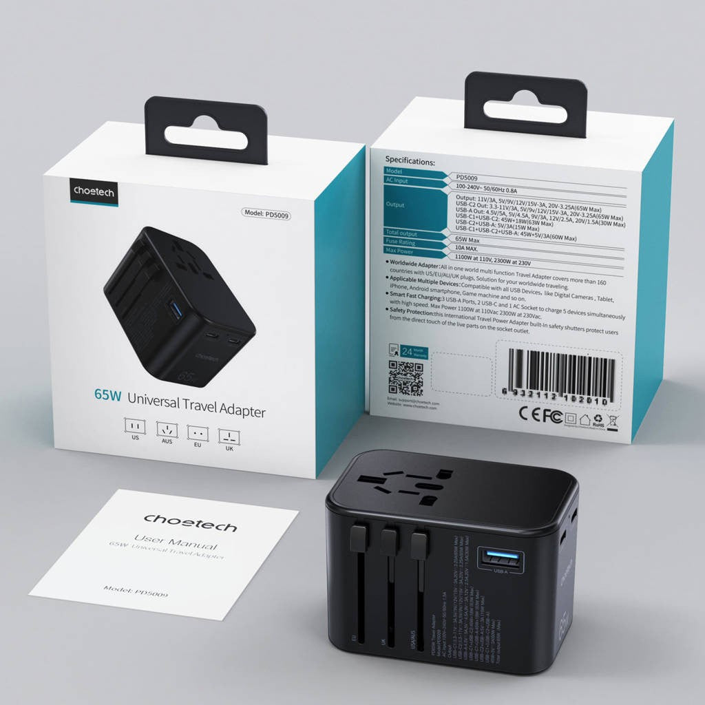 Universalus kelioninis įkroviklis Choetech PD5009 65W 2xUSB-C/USB-A juodas