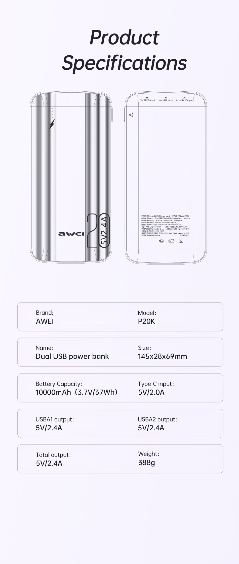 Išorinė baterija Power Bank Awei P19K 5V/2.4A 20000mAh juoda