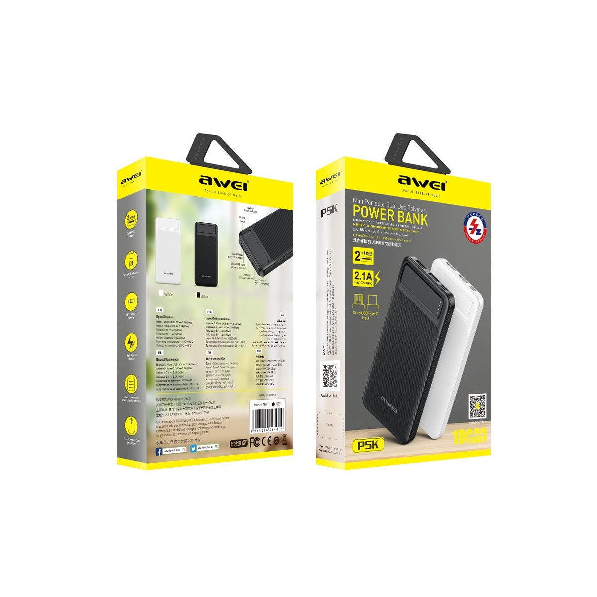 Išorinė baterija Power Bank Awei P5K 5V/2.1A 10000mAh juoda