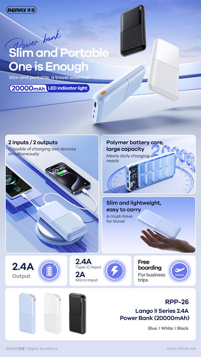Išorinė baterija Power Bank Remax RPP-26 12W 20000mAh juoda