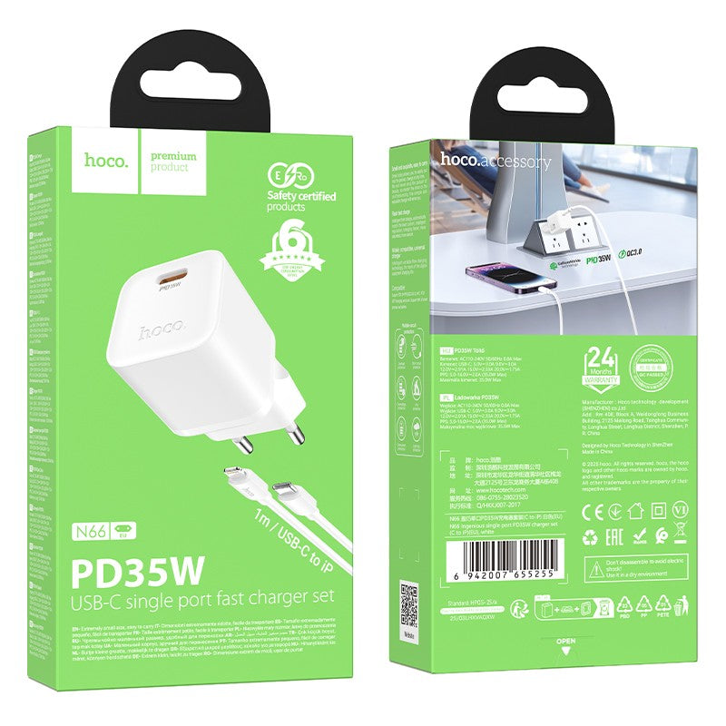 Įkroviklis Hoco N66 35W GaN USB-C/USB-A + USB-C to Lightning cable 1.0m baltas