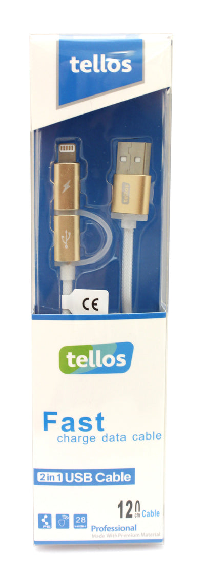 Auksinis USB laidas mėlynoje ir baltos spalvos „tellos“ pakuotėje su tekstu „Fast“.