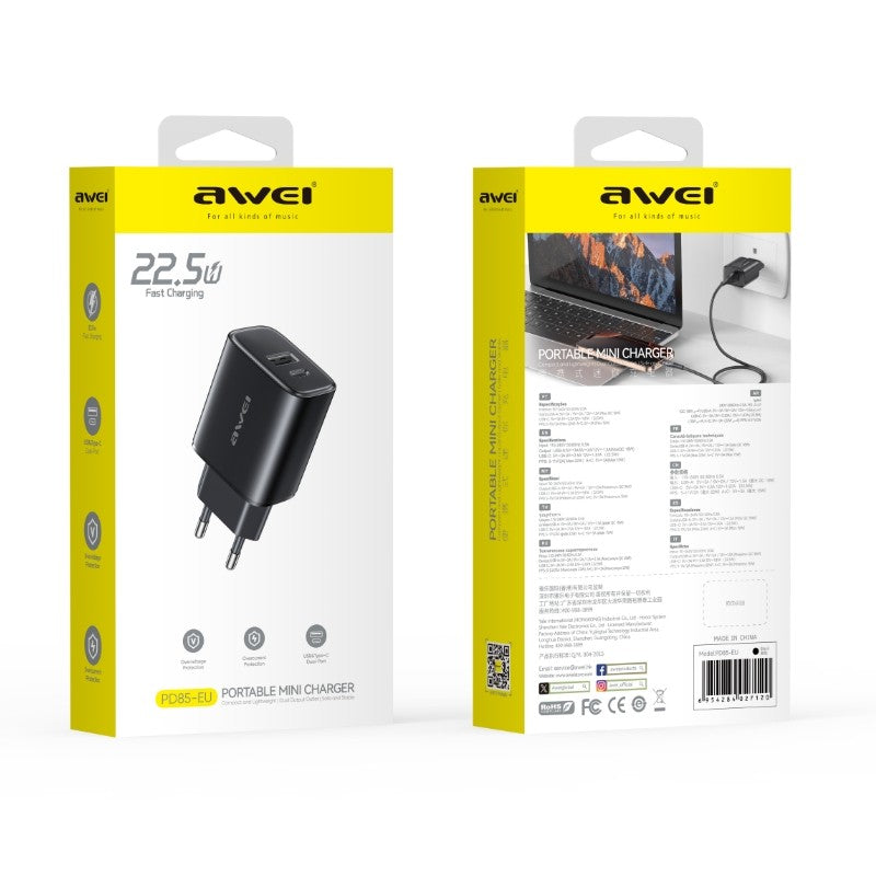 Įkroviklis Awei PD85T-EU 22.5W USB-A/USB-C + USB-A to USB-C cable 1.0m juodas