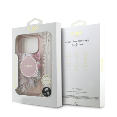 Dėklas Guess IML Flowers Strap MagSafe Apple iPhone 17 Pro rožinis