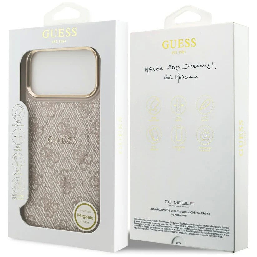 Dėklas Guess PU Leather 4G Gold Frame MagSafe Apple iPhone 17 Pro Max rožinis