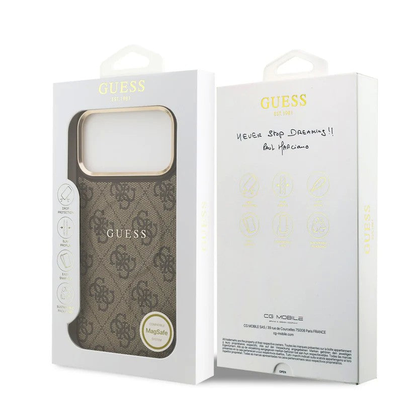 Dėklas Guess PU Leather 4G Gold Frame MagSafe Apple iPhone 17 Pro Max rudas