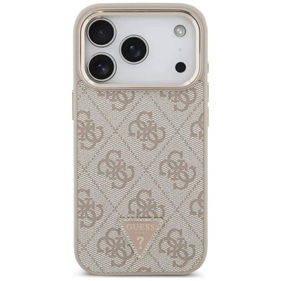 Dėklas Guess PU Leather 4G Strass Triangle Logo Gold Frame MagSafe Apple iPhone 17 Pro Max rožinis
