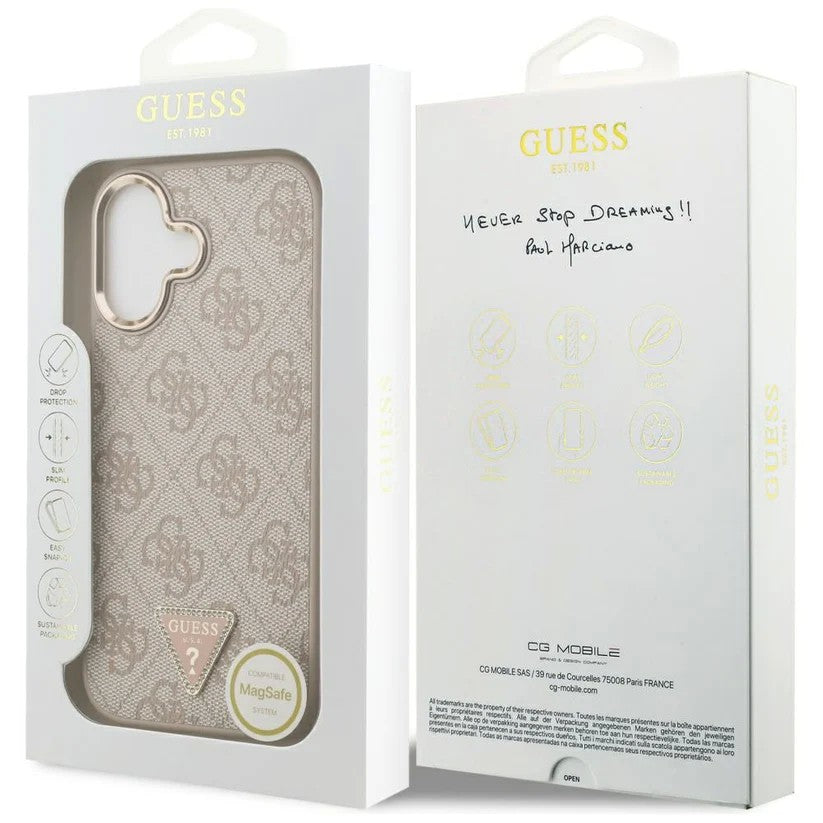 Dėklas Guess PU Leather 4G Strass Triangle Logo Gold Frame MagSafe Apple iPhone 17 rožinis