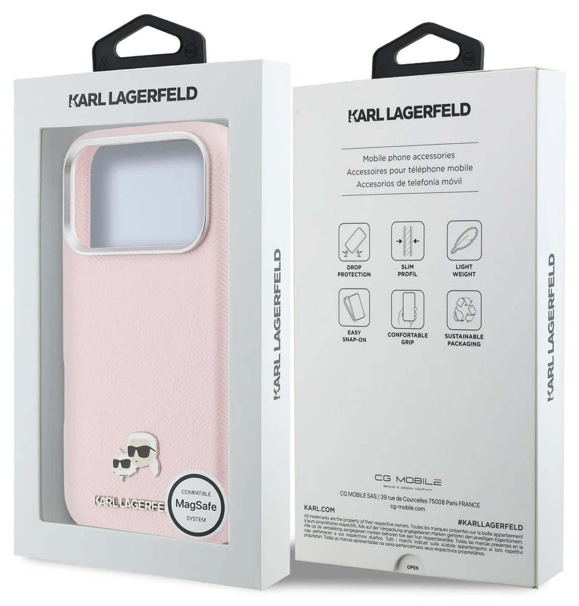 Dėklas Karl Lagerfeld PU Karl and Choupette Heads Pins MagSafe Apple iPhone 17 Pro Max rožinis