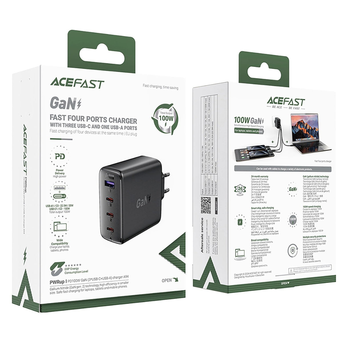 Įkroviklis Acefast A94 100W GaN 3xUSB-C/USB-A juodas