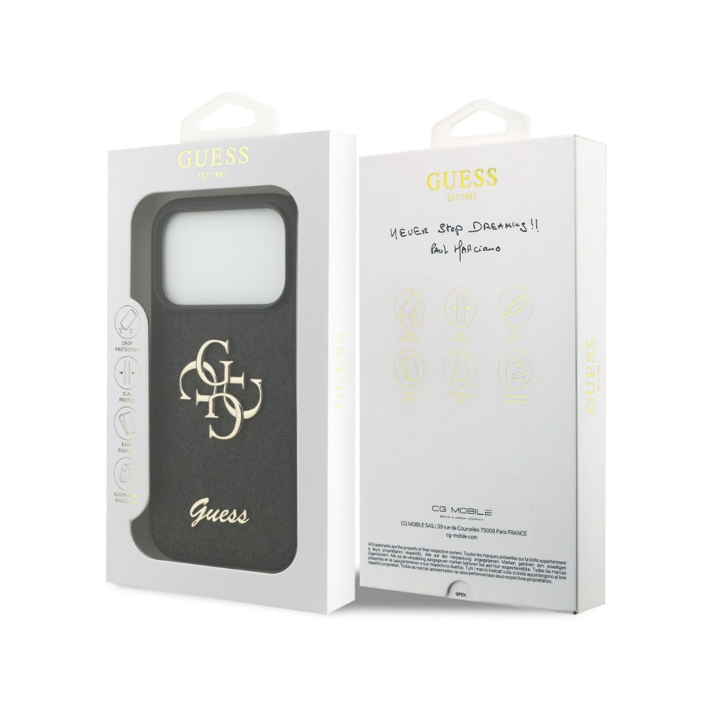 Dėklas Guess PU Fixed Glitter 4G Metal Logo Apple iPhone 18 Pro Max juodas