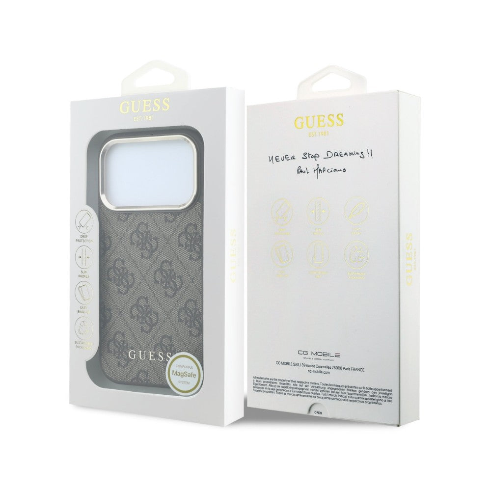 Dėklas Guess PU Leather 4G Gold Frame MagSafe Apple iPhone 18 Pro Max rudas