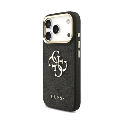 Dėklas Guess PU Leather 4G Metal Logo Gold Frame Apple iPhone 18 Pro Max juodas