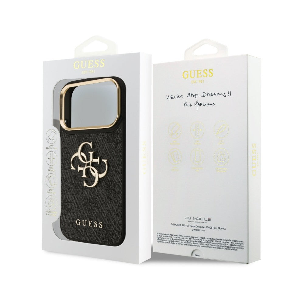 Dėklas Guess PU Leather 4G Metal Logo Gold Frame Apple iPhone 18 Pro Max juodas