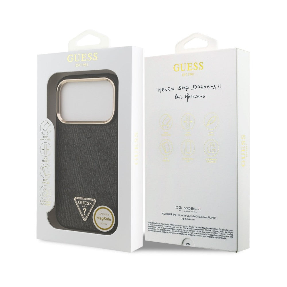 Dėklas Guess PU Leather 4G Strass Triangle Logo Gold Frame MagSafe Apple iPhone 18 Pro juodas