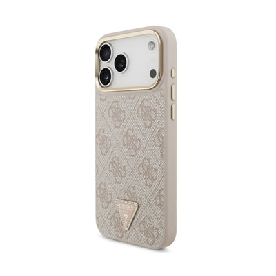 Dėklas Guess PU Leather 4G Strass Triangle Logo Gold Frame MagSafe Apple iPhone 18 Pro rožinis
