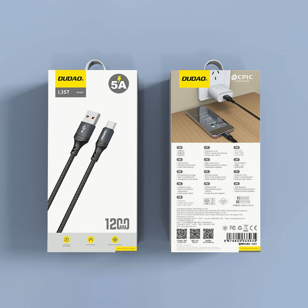USB kabelis Dudao L3ST USB-A to USB-C 5A 3.0m juodas
