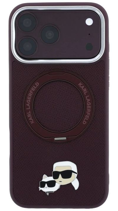 Dėklas Karl Lagerfeld PU Grained K&CH Heads Ring Stand Magsafe Apple iPhone 18 Pro tamsiai raudonas