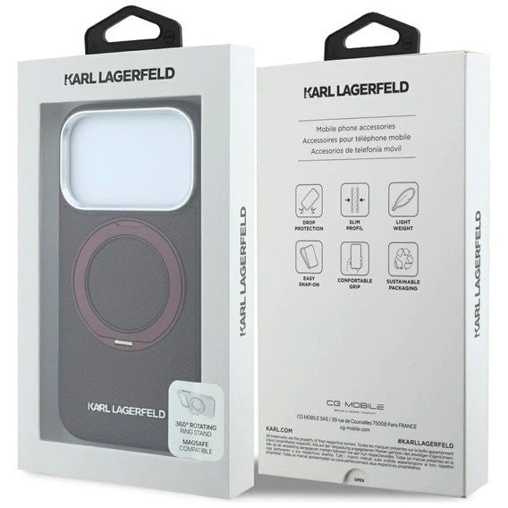 Dėklas Karl Lagerfeld PU Saffiano Ring Stand MagSafe Apple iPhone 18 Pro Max tamsiai raudonas