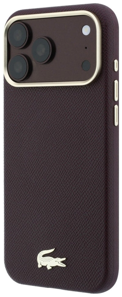 Dėklas Lacoste PU Leather Champs Elysees Gold Logo MagSafe Apple iPhone 18 Pro tamsiai raudonas