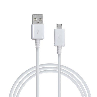 Balta USB ir micro USB jungtis su kabeliu, matoma iš priekio.