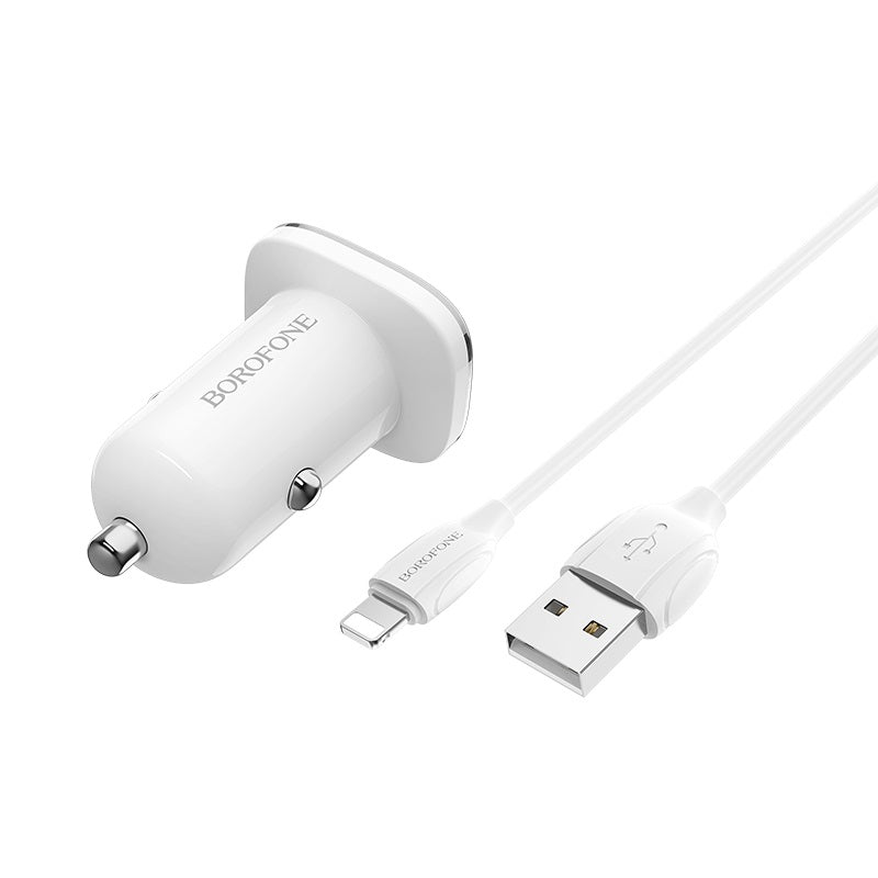 Automobilinis įkroviklis Borofone BZ12 USB + Lightning (2.4A) baltas