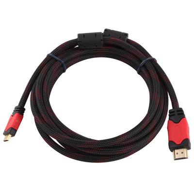 Juodas kabelis su raudonais jungtimis, pintas paviršius, HDMI jungtys abiejuose galuose.