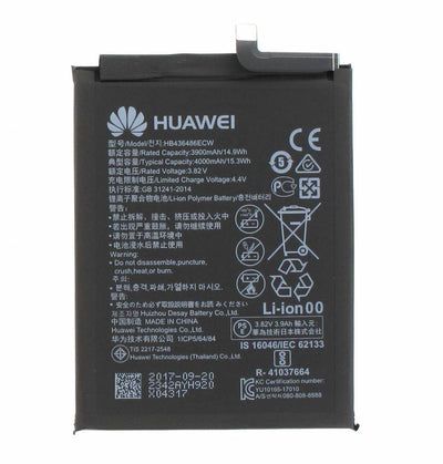 Juoda „Huawei“ baterija su baltais simboliais ir tekstu, rodomi įspėjamieji ženklai.